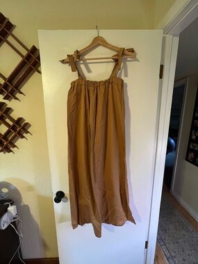 100% Egyptian Cotton Tie-Shoulder Midi Dress in Warm Camel